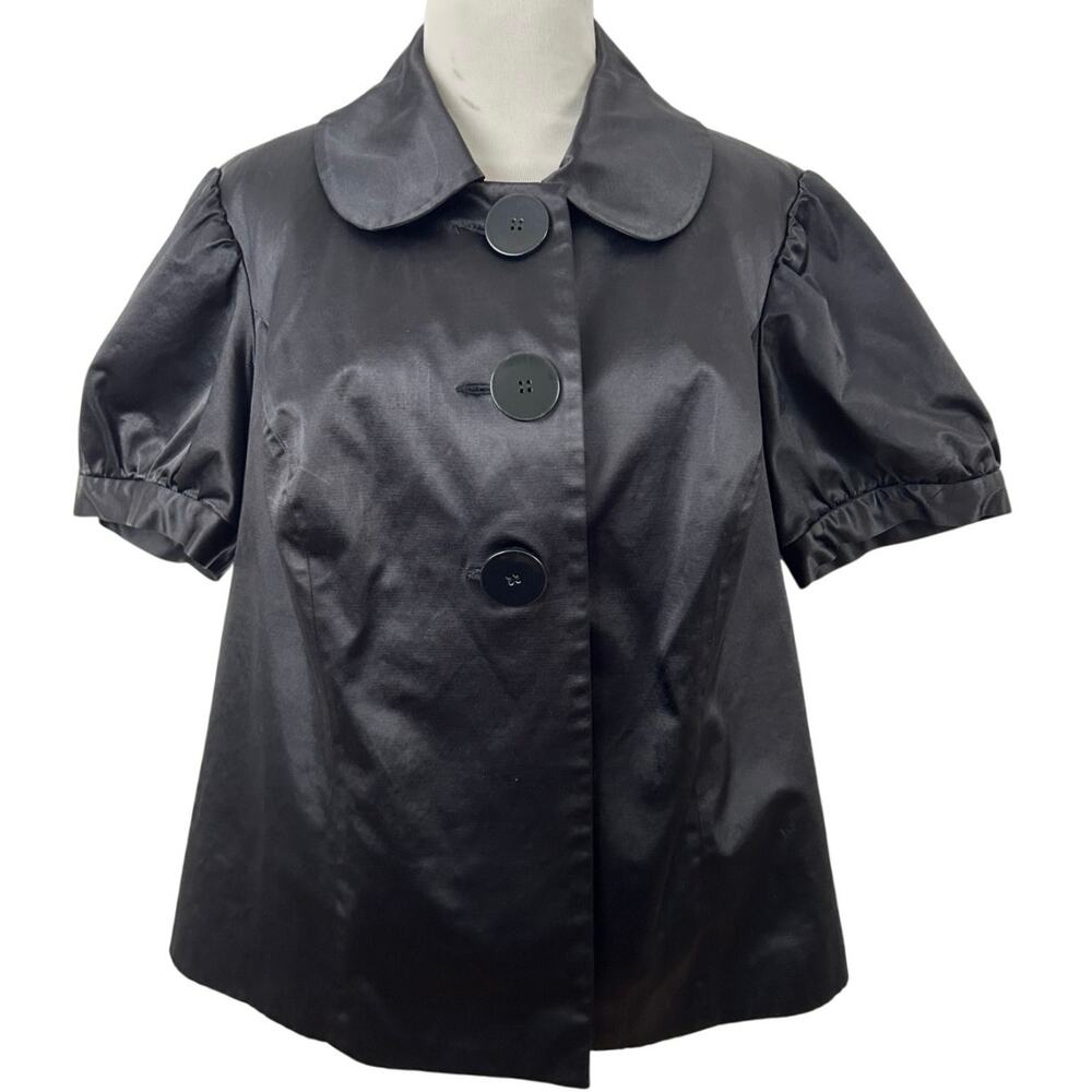 INC International Concepts Black Puff Sleeve Jacket Top 1X Satin Button Blouse